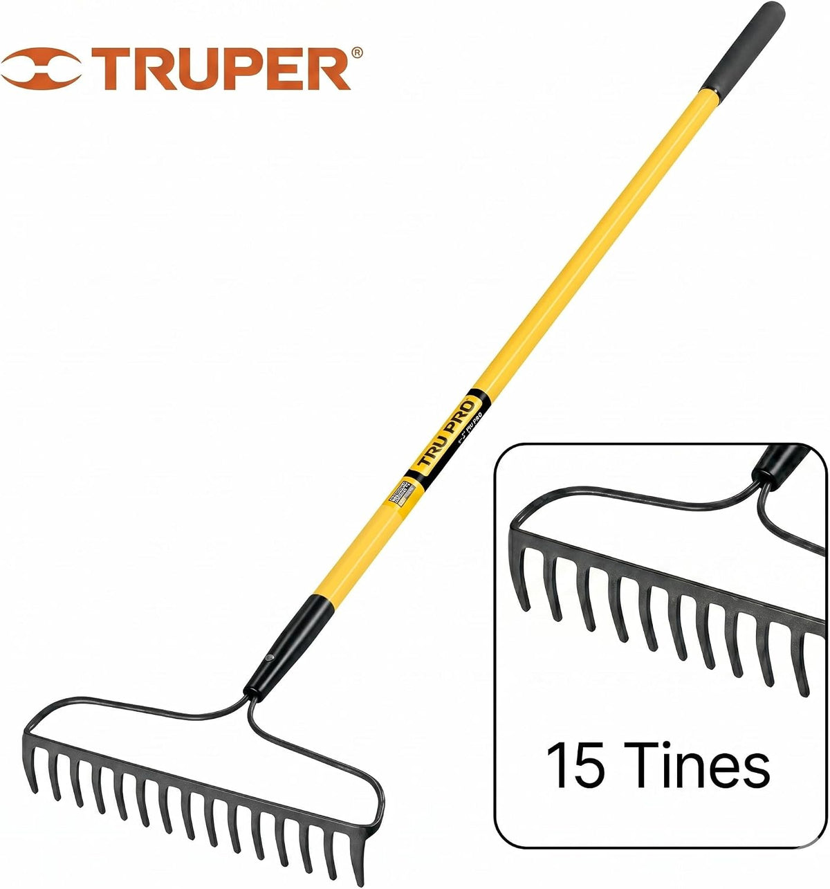 Truper Tru Pro 15-Tine Forged Bow Rake with 60-Inch Fiberglass Handle with Cushion Grip, Heavy-Duty Garden & Landscaping Rake, Forged Steel Head (Model R-16AM-FX / 31380)
