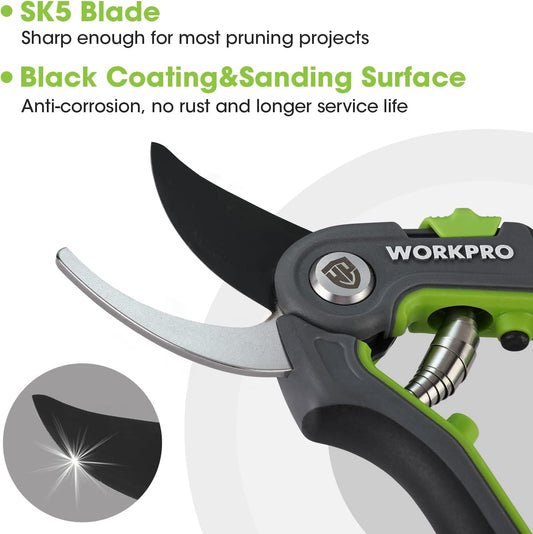 WORKPRO Pruning Shears, Garden Clippers with SK5 Steel Blades, 8" Bypass