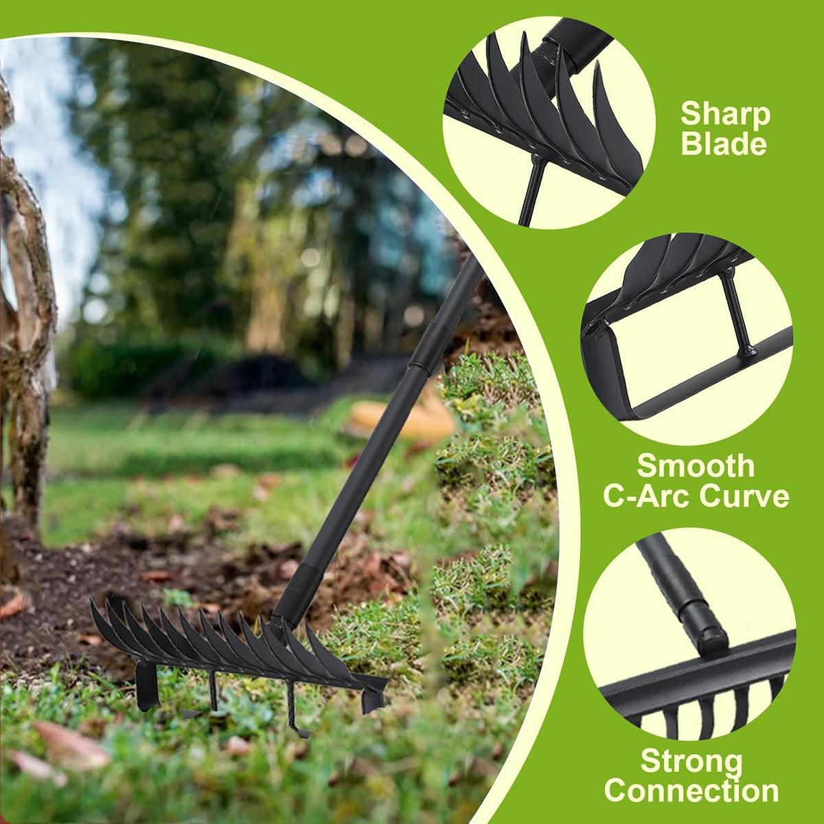 Garden Hoe and 12-Tine Rake 76.8" Stirrup Hoe Heavy Duty 2-in-1 Garden Tool Adjustable Long-Handle Garden Cultivator Durable Weed Puller for Ditching, Weeding and Loosening Soil