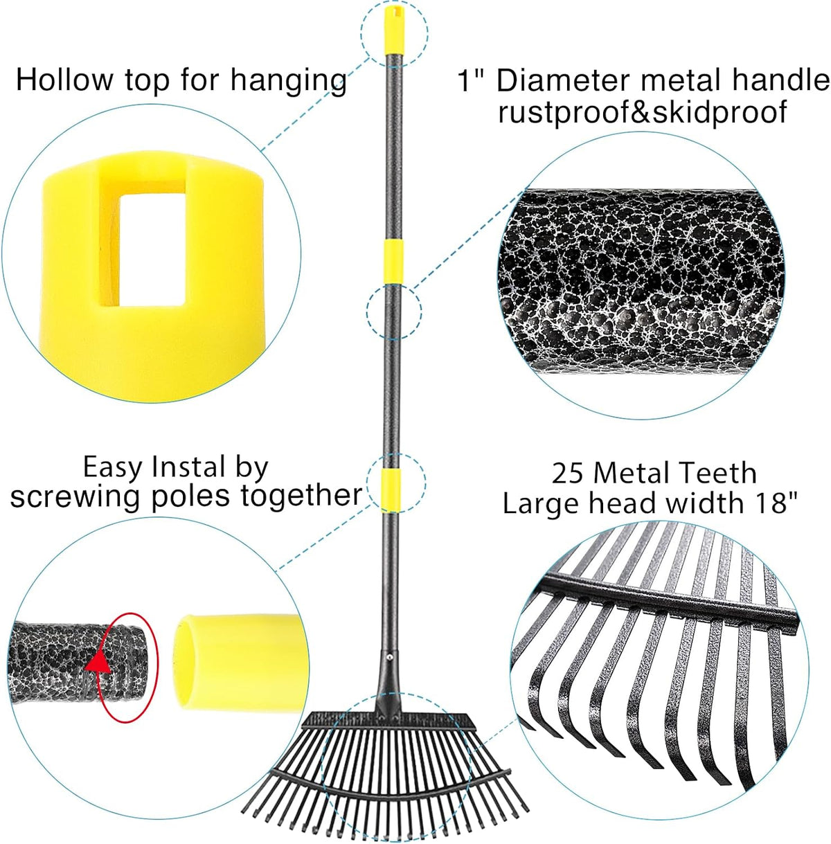 Leaf Rake, 30-61 inch Garden Rakes for Leaves Heavy Duty Long Handle, 25 Tines 18" Wide Metal Thatch Lawn Gravel Shrub Yard Landscape Rake for Leaves and Grass