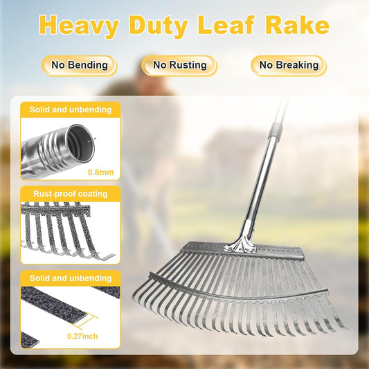 18-Inch Wide Heavy Duty Adjustable Metal Leaf Rake, 62-Inch Long Handle Garden Rake for Lawns, Grass, Flower Beds & Outdoor Yard Cleanup