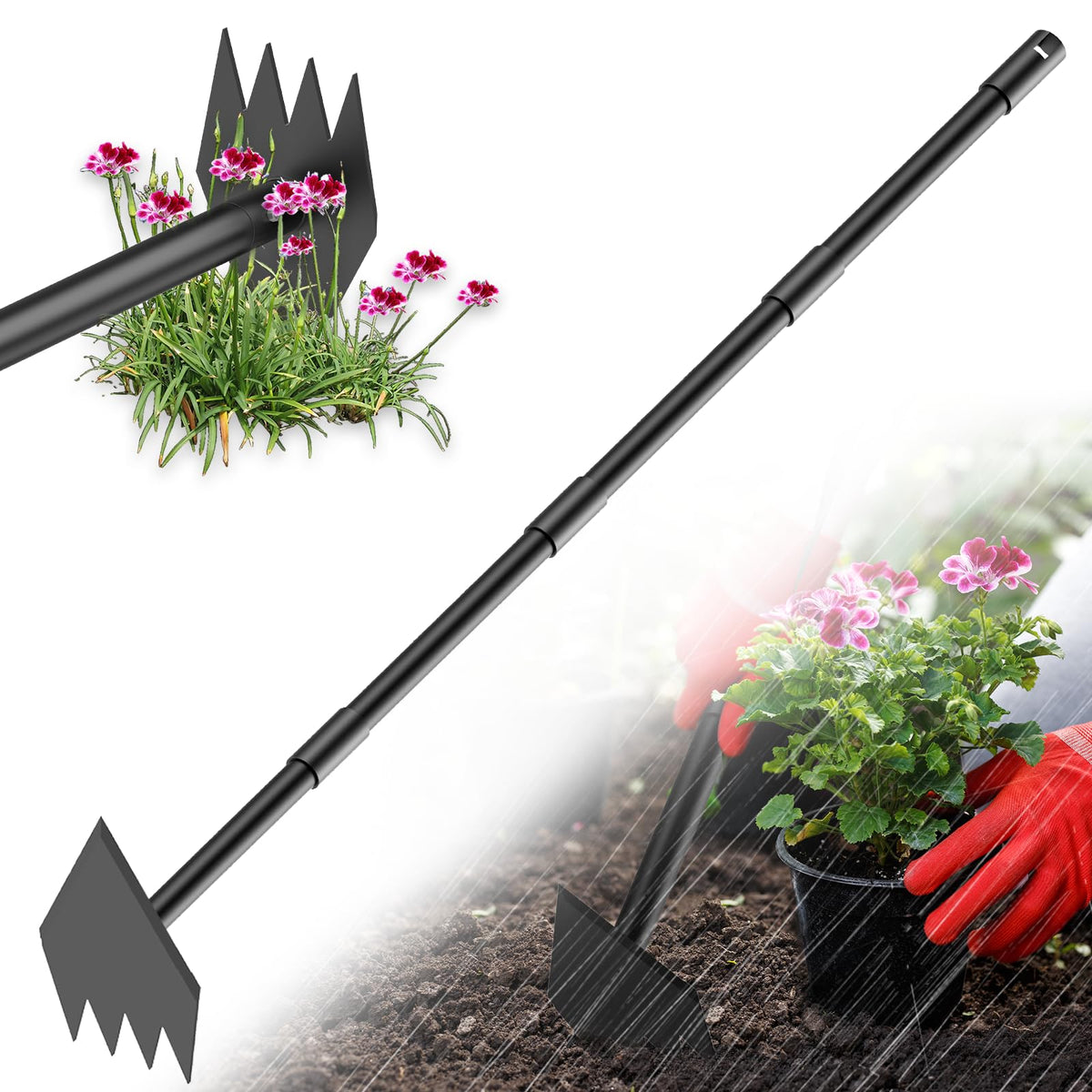 Luvenia Garden Hoe, 46 Inch Long Handle Hoe Garden Tool Heavy Duty, 2 in 1 Weed Rake & Garden Hoe for Women & Family Gardeners, Fast Weeds Grass Removal,Cultivating, Loosen Soil, Sharp Edge