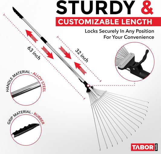 TABOR TOOLS J16A Adjustable Metal Leaf Rake with Expandable Head 8-23", Collapsible & Telescopic Grass Rake for Lawns, Garden & Yard, Ideal for Leaves, Shrubs & Small Areas