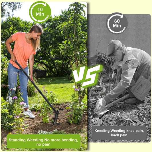 Garden Hoe and 12-Tine Rake 76.8" Stirrup Hoe Heavy Duty 2-in-1 Garden Tool Adjustable Long-Handle Garden Cultivator Durable Weed Puller for Ditching, Weeding and Loosening Soil