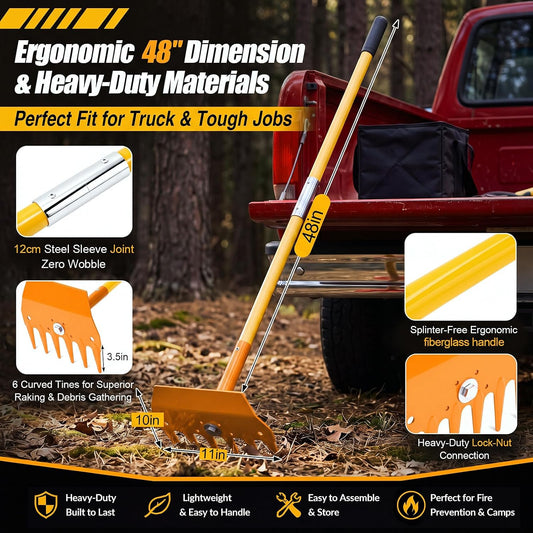 Rake Hoe Steel with 48 Inch Fiberglass Handle Fire Rake Hoe for Multi-use Landscaping and Forestry, Raking, Scraping, Grubbing and Tamping
