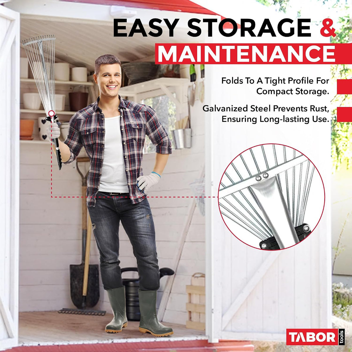 TABOR TOOLS J16A Adjustable Metal Leaf Rake with Expandable Head 8-23", Collapsible & Telescopic Grass Rake for Lawns, Garden & Yard, Ideal for Leaves, Shrubs & Small Areas