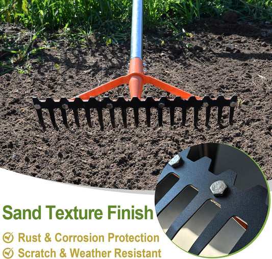 62 Inch Garden Rake with 17 Tempered Spring Steel Tines