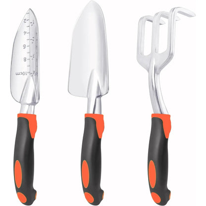 Garden Tools Set, 3 Pack Heavy Duty Gardening Tools Set Include Garden Shovel, Transplant Trowel and Hand Rake with  Handle,  Alloy Lawn for Planting, Orange