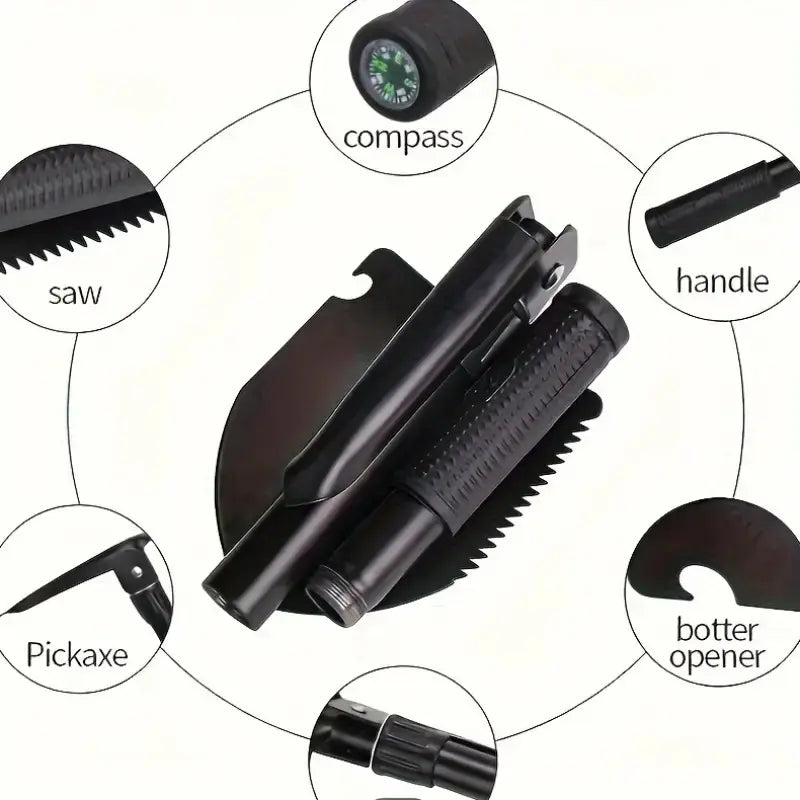 Durable Metal Folding Shovel - Steel Multi-Functional Tool with Foldable Head, Portable Grip, Compact Space-Saving Lightweight Design for Outdoor Hiking, Gardening, Emergency Vehicle Reversing Needs