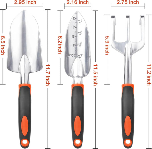 Garden Tools Set, 3 Pack Heavy Duty Gardening Tools Set Include Garden Shovel, Transplant Trowel and Hand Rake with Ergonomic Handle, Aluminum Alloy Lawn for Planting, Orange