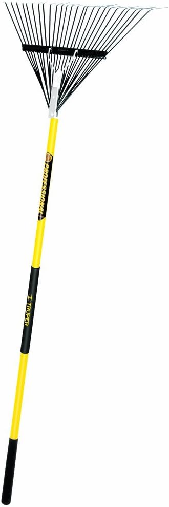 Truper Tru Pro 26-Tine Steel Lawn and Leaf Rake, 54-Inch Heavy-Duty Fiberglass Handle with 9-Inch Cushion Grip, Professional Landscaping and Yard Clean-Up Tool (Model 32401 / EMX-26F)
