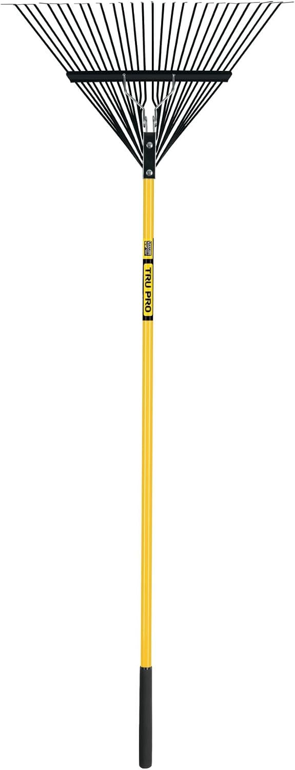 Truper Tru Pro 26-Tine Steel Lawn and Leaf Rake, 54-Inch Heavy-Duty Fiberglass Handle with 9-Inch Cushion Grip, Professional Landscaping and Yard Clean-Up Tool (Model 32401 / EMX-26F)