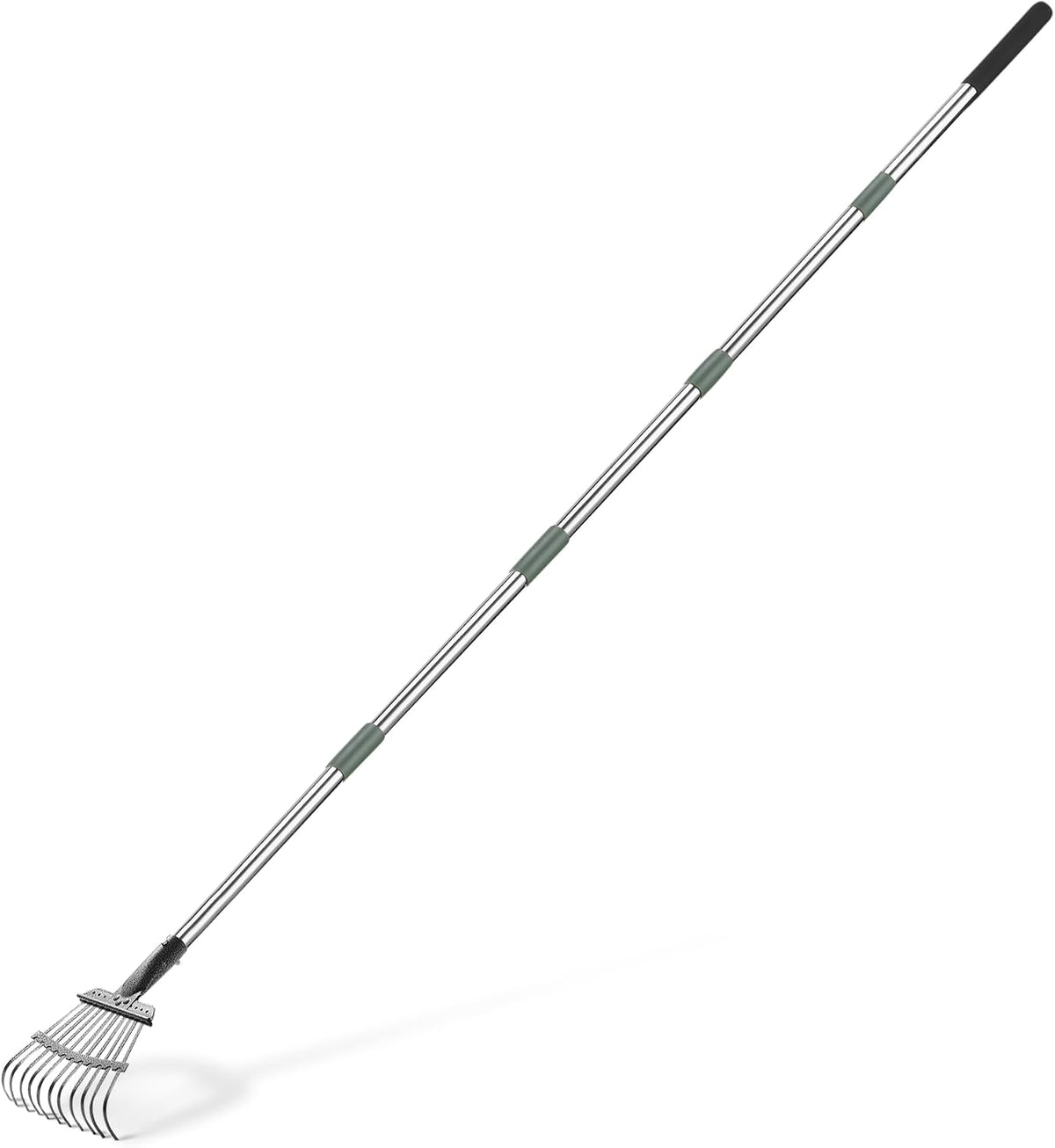 Amazon Basics Garden Rake, Leaf rake with 38.58" - 80.51" Adjustable Steel Handle, Gardening tools for Yard Work, Olive/Black/Silver