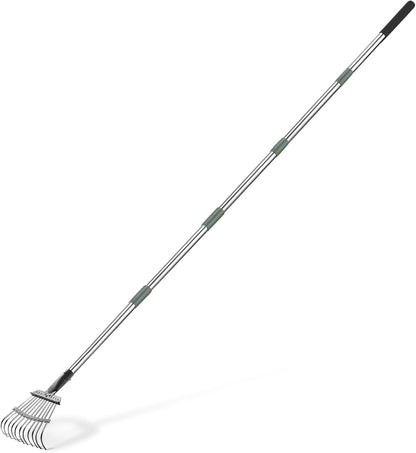 Amazon Basics Garden Rake, Leaf rake with 38.58" - 80.51" Adjustable Steel Handle, Gardening tools for Yard Work, Olive/Black/Silver