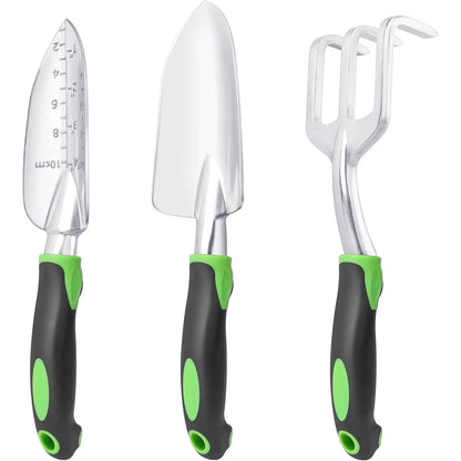 Garden Tools Set, 3 Pack Heavy Duty Gardening Tools Set Include Garden Shovel, Transplant Trowel and Hand Rake with  Handle,  Alloy Lawn for Planting, Orange