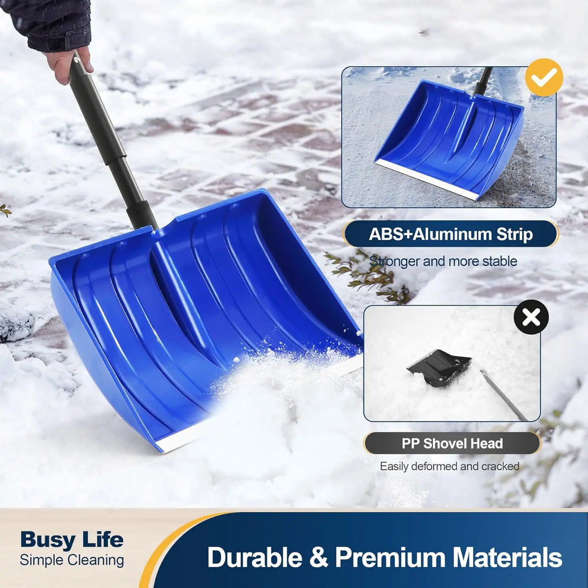 55-in Portable Snow Shovel, Outdoor Hand Tool with D-Grip Handle, Aluminum Strip, Large Capacity for Driveway, Home Garage Snow Removal,toolupgrade