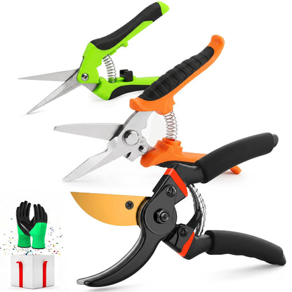 3 Pack Garden Pruning Shears Stainless Steel Blades Handheld Pruners Set with Gardening Gloves