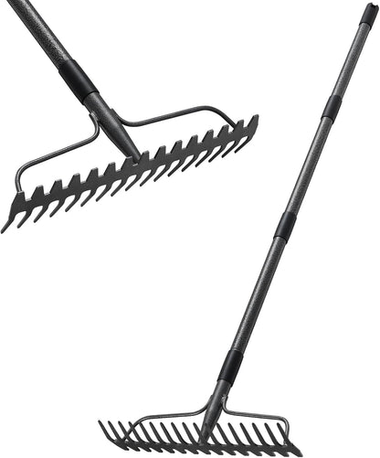 Bow Rake, 17 Prongs Leaf RakeThatch Rake for Lawn,63 Inch Long Handle Yard Rock Rake for Gardening,Detachable Heavy Duty Metal Garden Rake for Loosening Soil, Leveling Lawn, Leaves Cleaning