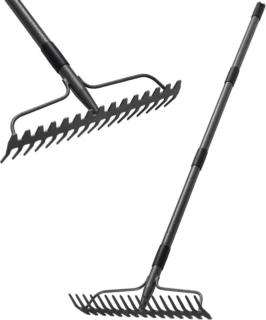 Bow Rake, 17 Prongs Leaf RakeThatch Rake for Lawn,63 Inch Long Handle Yard Rock Rake for Gardening,Detachable Heavy Duty Metal Garden Rake for Loosening Soil, Leveling Lawn, Leaves Cleaning