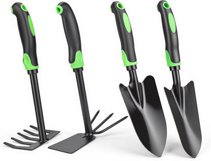 4-Piece Garden Tool Set, Heavy Duty Gardening Hand Tools with Soft Rubber Handle,Green,Premium Stailess Steel,Include Hand Shovel,Transplant Trowel,Hand Rakes, 2-in-1 Hoe and Cultivator