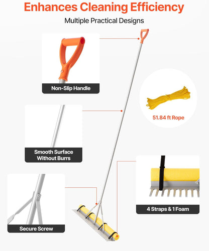 VEVOR Landscape Rake, 36 inch Wide Head 133 inch Handle, Large Heavy Duty Aluminum Landscaping Leaf Rake Tool, Asphalt Level for Loosening Soil, Garden & Yard, Pond Gravel & Beach Lawn Care, 52ft Rope