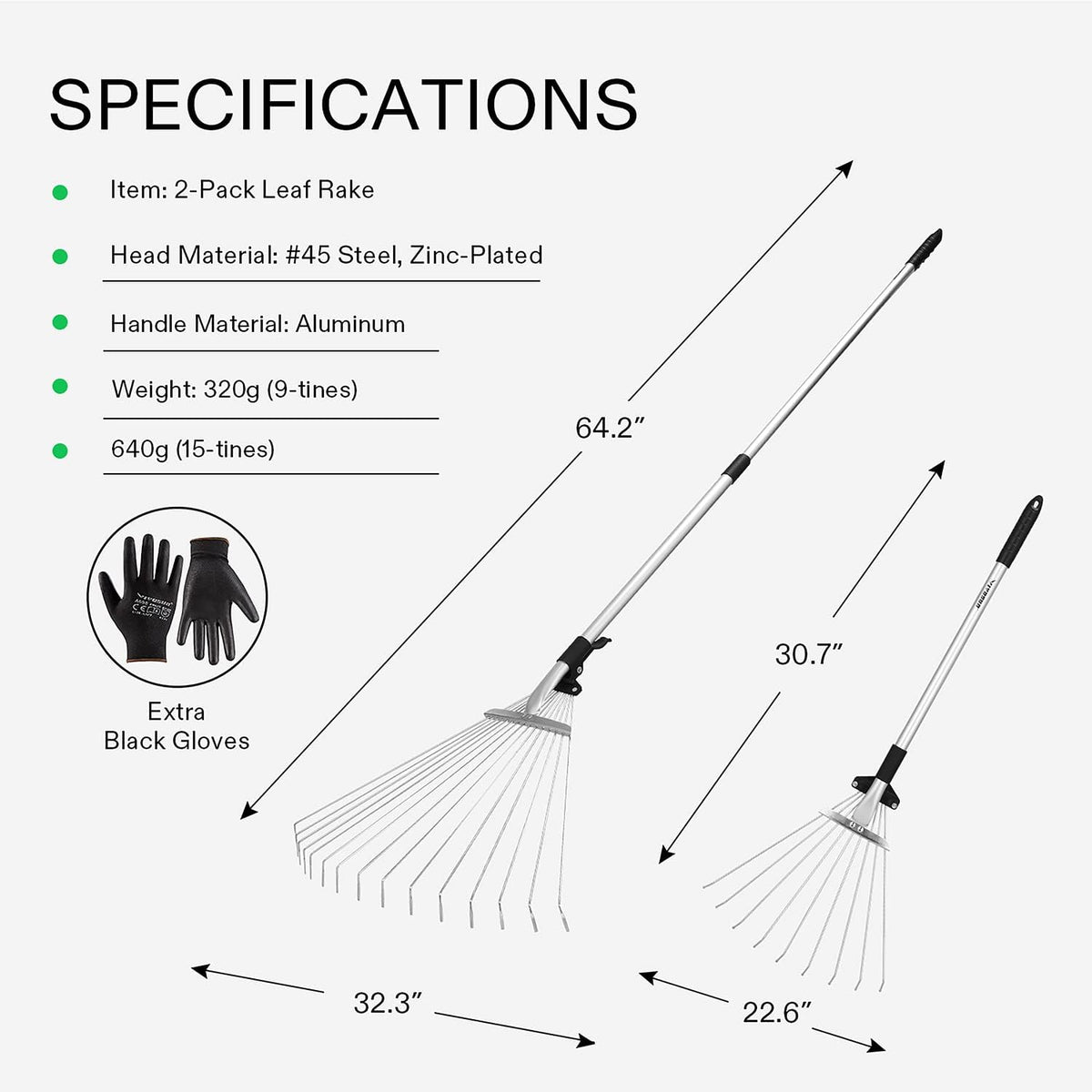 VIVOSUN 2-Piece Leaf Rake Set - Adjustable Garden/Camping Rake with 15/9 Tines, Collapsing Tines & Telescopic Handle (64'' & 30'')