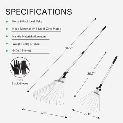 VIVOSUN 2-Piece Leaf Rake Set - Adjustable Garden/Camping Rake with 15/9 Tines, Collapsing Tines & Telescopic Handle (64'' & 30'')