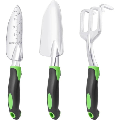 Garden Tools Set, 3 Pack Heavy Duty Gardening Tools Set Include Garden Shovel, Transplant Trowel and Hand Rake with  Handle,  Alloy Lawn for Planting, Orange