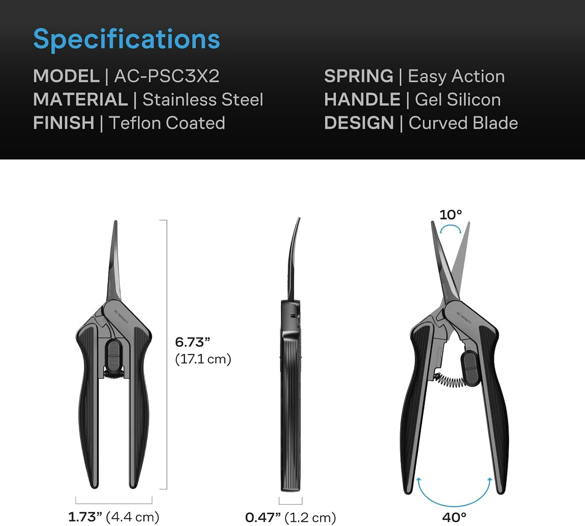 AC Infinity Ergonomic Pruning Shear 6.6”, Stainless Steel Curved, 2-Pack