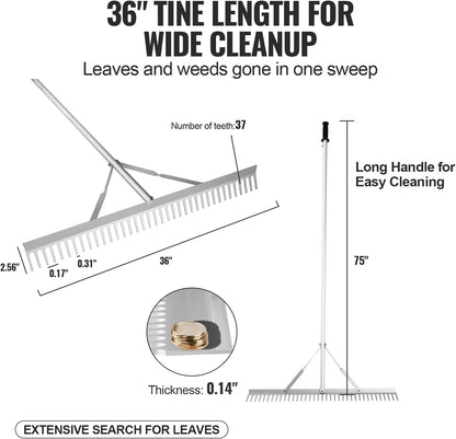 VEVOR Landscape Rake, 36" Head Aluminum Lake Weed Rake with 75" Long Handle for Loosening Soil, Lawn Care, Weeding Lake, Garden, Silver