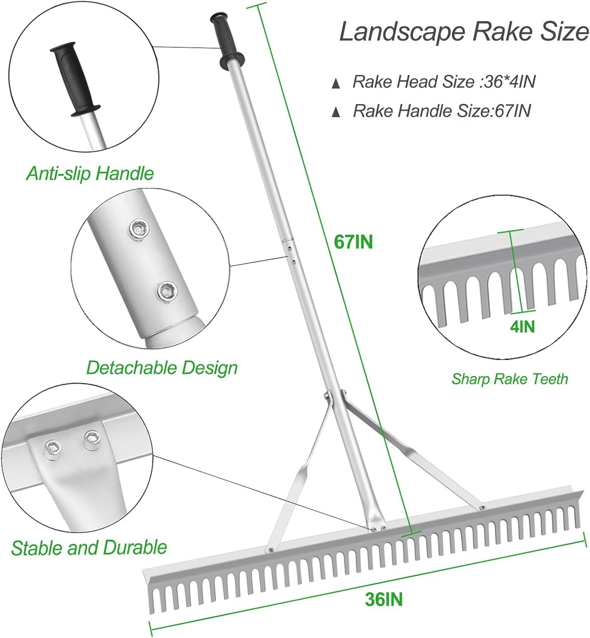 Landscape Rake, 36" Head Aluminum Lake Weed Rake for Lawns Lake Garden Pond