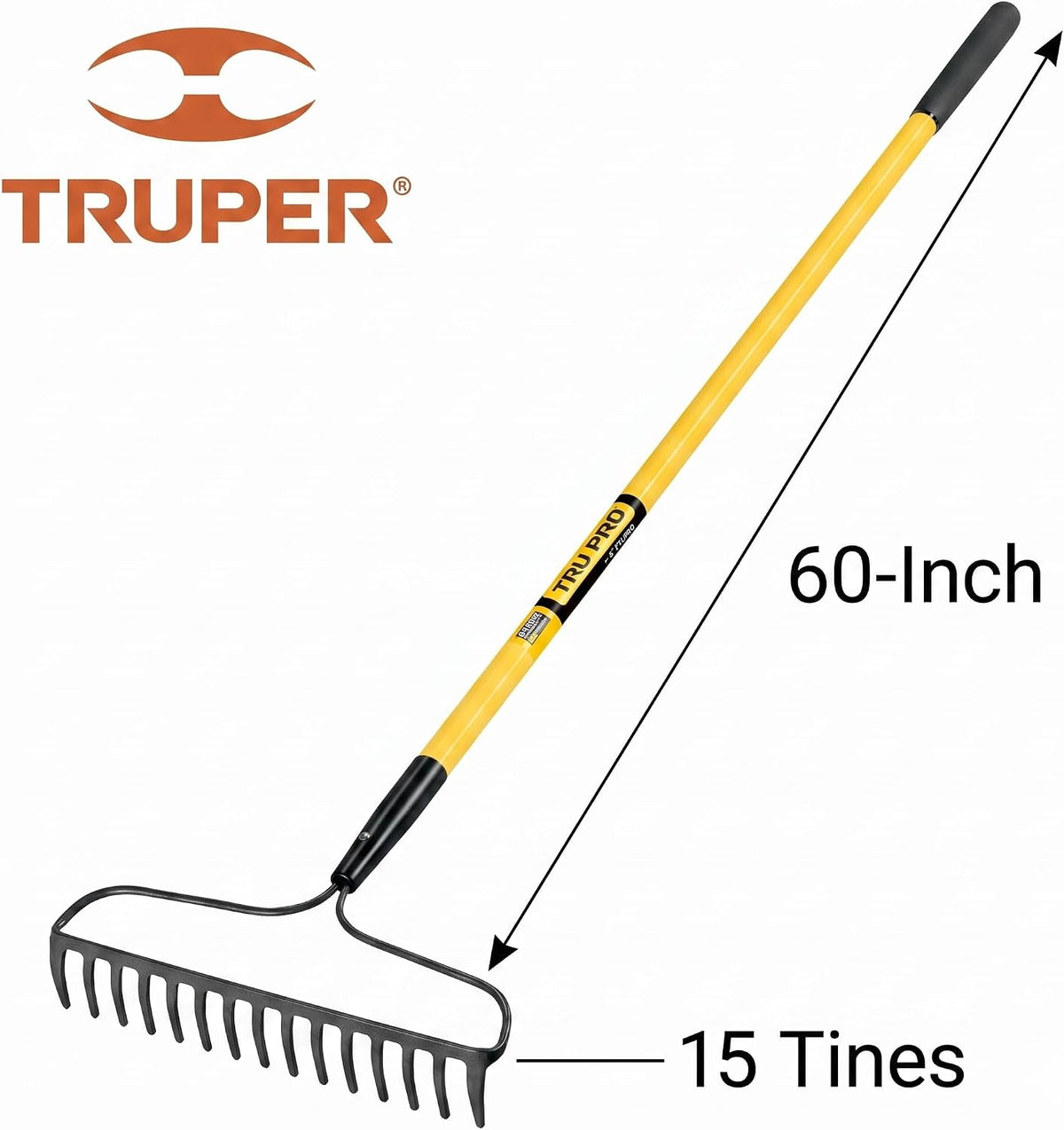 Truper Tru Pro 15-Tine Forged Bow Rake with 60-Inch Fiberglass Handle with Cushion Grip, Heavy-Duty Garden & Landscaping Rake, Forged Steel Head (Model R-16AM-FX / 31380)