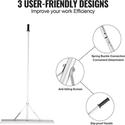 VEVOR Landscape Rake, 36" Head Aluminum Lake Weed Rake with 75" Long Handle for Loosening Soil, Lawn Care, Weeding Lake, Garden, Silver