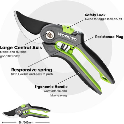 WORKPRO Pruning Shears, Garden Clippers with SK5 Steel Blades, 8" Bypass