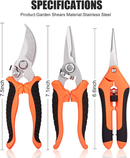 3 Pcs Garden Pruning Shears, Stainless Steel Gardening Scissors