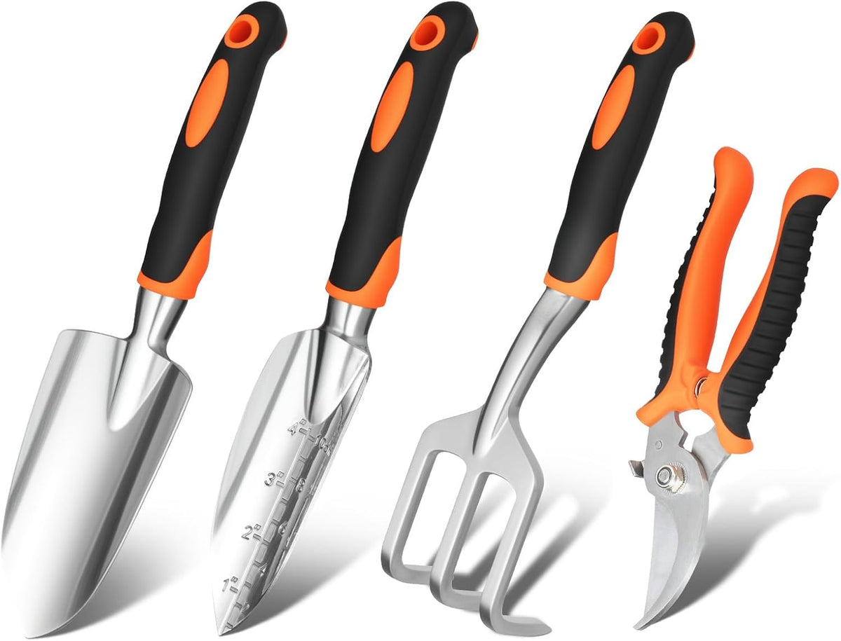 Garden Tool Set, 4Pcs Aluminum Heavy Duty Gardening Tool Set, Include Shovel, Transplant Trowel, Hand Cultivator and Shear with Rubberiz NonSlip Ergonomic Handle, Gardening Kit for Women Men