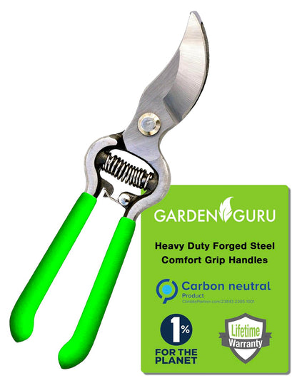 GARDEN GURU Classic Bypass Pruning Shears Clippers – Heavy Duty Forged Steel Garden Pruners – Safety Lock – Non Slip Comfort Grips – Cuts up to 1” Diameter – Professional Bypass Pruners for Gardening