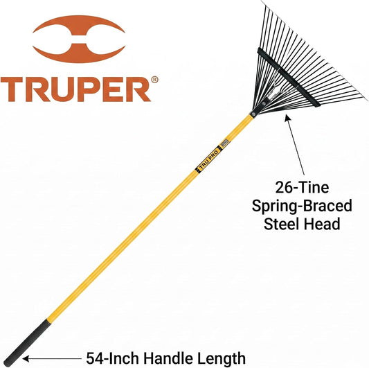 Truper Tru Pro 26-Tine Steel Lawn and Leaf Rake, 54-Inch Heavy-Duty Fiberglass Handle with 9-Inch Cushion Grip, Professional Landscaping and Yard Clean-Up Tool (Model 32401 / EMX-26F)