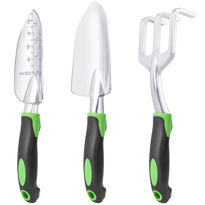 Garden Tools Set, 3 Pack Heavy Duty Gardening Tools Set Include Garden Shovel, Transplant Trowel and Hand Rake with Ergonomic Handle, Aluminum Alloy Lawn for Planting, Orange