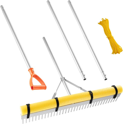 VEVOR Landscape Rake, 36 inch Wide Head 133 inch Handle, Large Heavy Duty Aluminum Landscaping Leaf Rake Tool, Asphalt Level for Loosening Soil, Garden & Yard, Pond Gravel & Beach Lawn Care, 52ft Rope