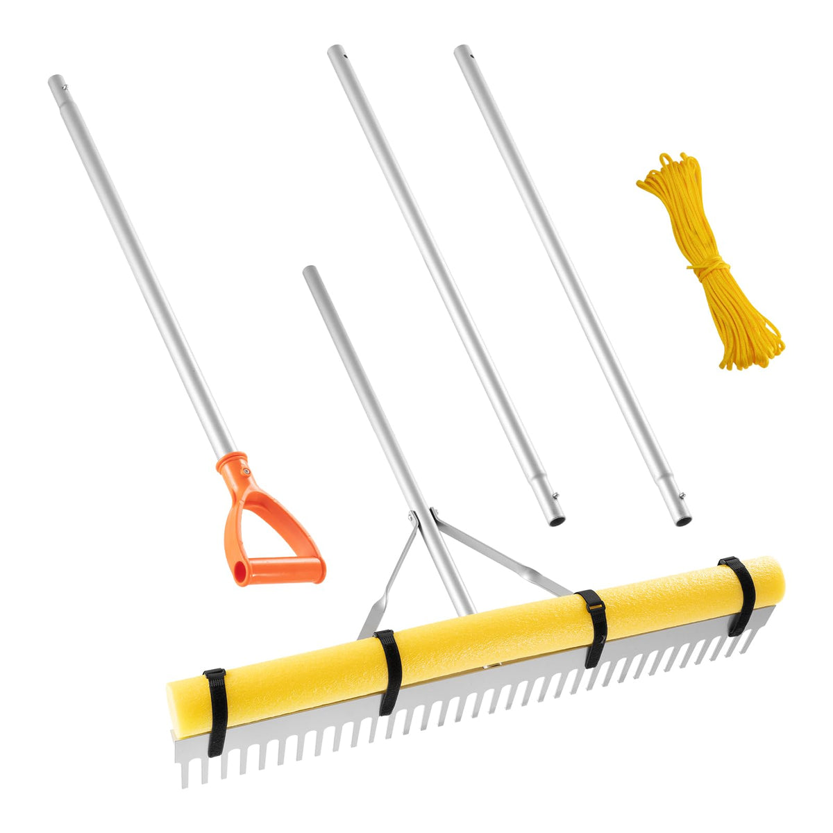 VEVOR Landscape Rake, 36 inch Wide Head 133 inch Handle, Large Heavy Duty Aluminum Landscaping Leaf Rake Tool, Asphalt Level for Loosening Soil, Garden & Yard, Pond Gravel & Beach Lawn Care, 52ft Rope