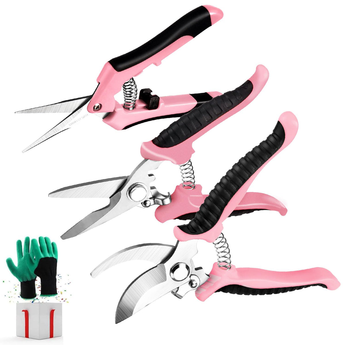 3 Pack Garden Pruning Shears Stainless Steel Blades Handheld Pruners Set with Gardening Gloves