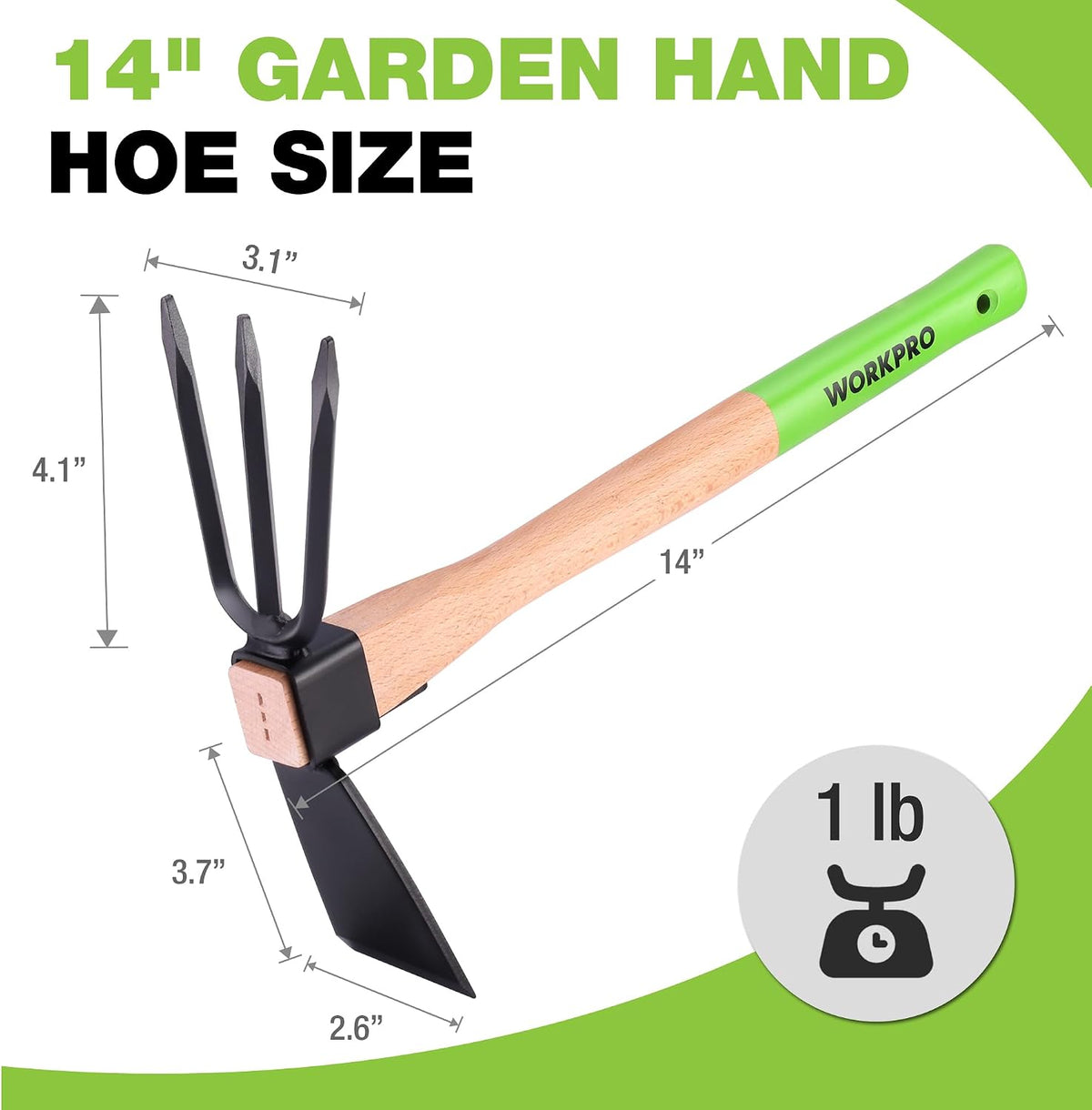 WORKPRO Hoe and Cultivator Garden Rake with 14" Wooden Handle