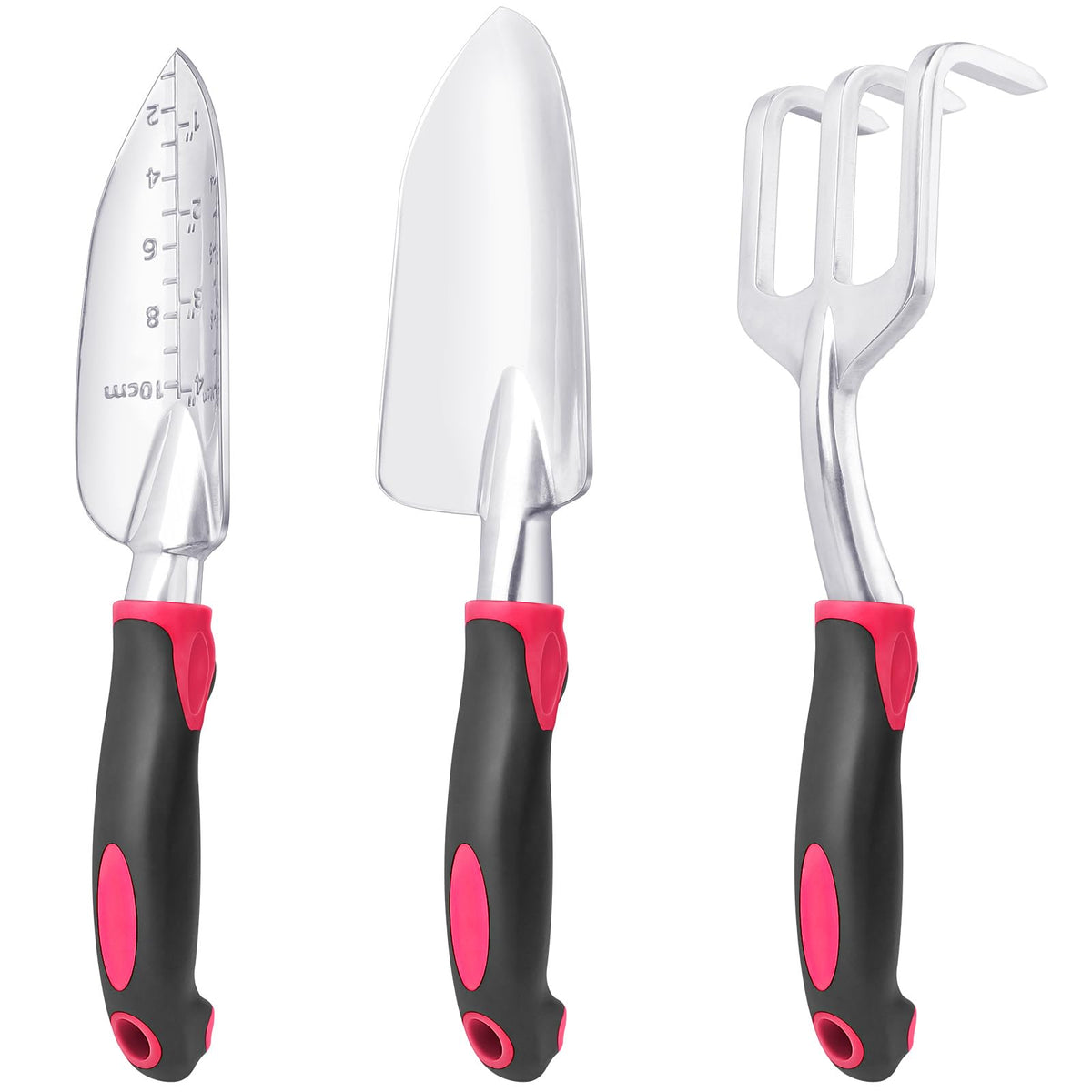 Garden Tools Set, 3 Pack Heavy Duty Gardening Tools Set Include Garden Shovel, Transplant Trowel and Hand Rake with Ergonomic Handle, Aluminum Alloy Lawn for Planting, Orange