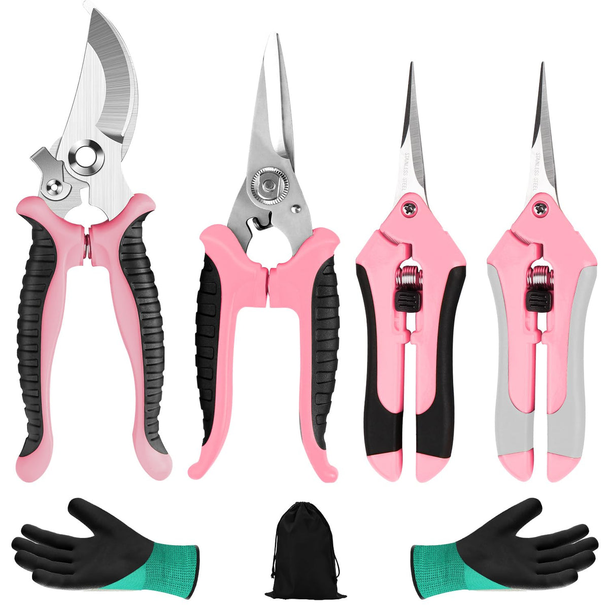 3 Pack Garden Pruning Shears Stainless Steel Blades Handheld Pruners Set with Gardening Gloves