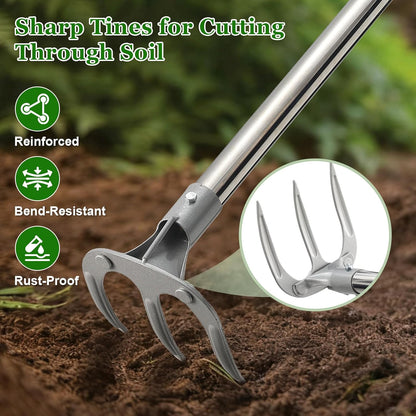 COCONUT 65” Long Handle Weeding and Cultivating Rake, 3-Tine Garden Rake for Stand Up Gardening, No Bending or Kneeling to Loosen Soil, Heavy Duty Steel with D-Grip Handle