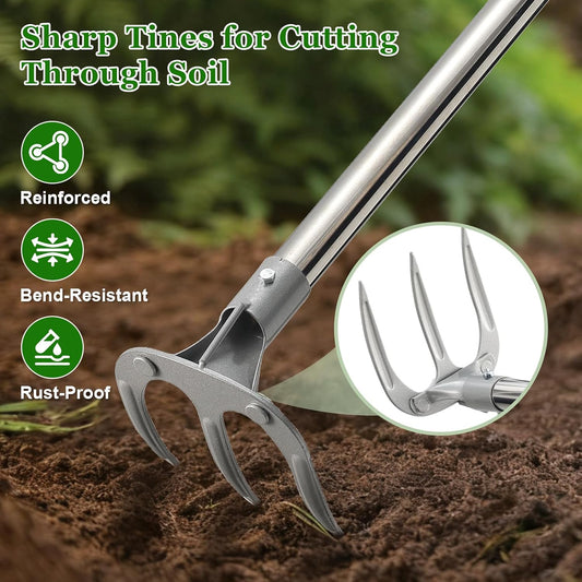 COCONUT 65” Long Handle Weeding and Cultivating Rake, 3-Tine Garden Rake for Stand Up Gardening, No Bending or Kneeling to Loosen Soil, Heavy Duty Steel with D-Grip Handle