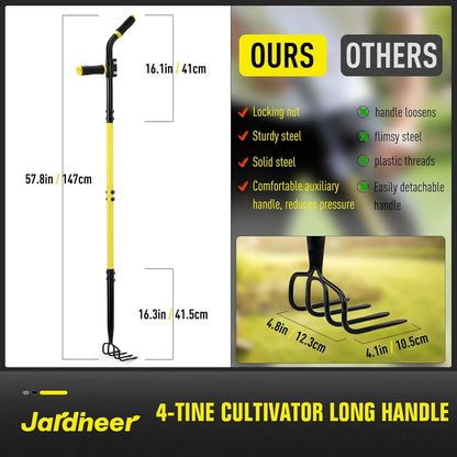 Jardineer 4-Tine Cultivator Rake with Auxiliary Handle, Garden Cultivator Long Handle, Hand Tiller Tool for Gardening Digging Loosening Weeding