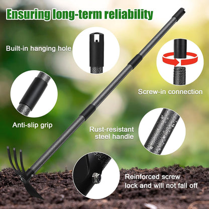 Garden Hoe with 3-Tine Cultivator Rake, 2-In-1 Carbon Steel Sharp Weeding Tool with 60 " Long Handle For Weed Removal, Soil Loosening, Planting,Cultivating In Raised Flower Beds,Vegetable Gardens