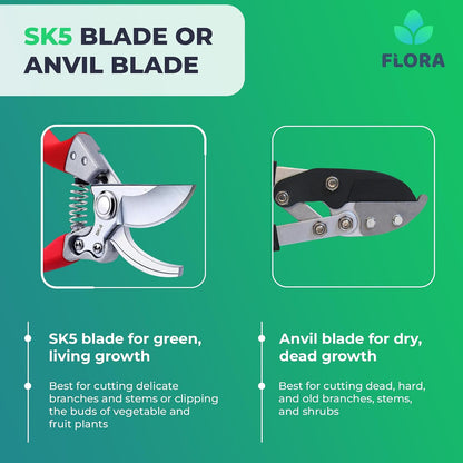 Flora Bypass Pruning Shears, SK5 Steel Safety Lock, Cuts Up to 1" Stems
